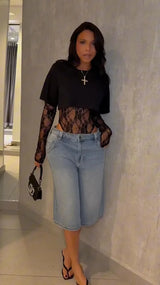 Sexy Women Crop Top+Lace Jacquard Full Sleeve Bodysuit Hottie Street Clubwear Slim Wild Matching Basic Skinny Tees