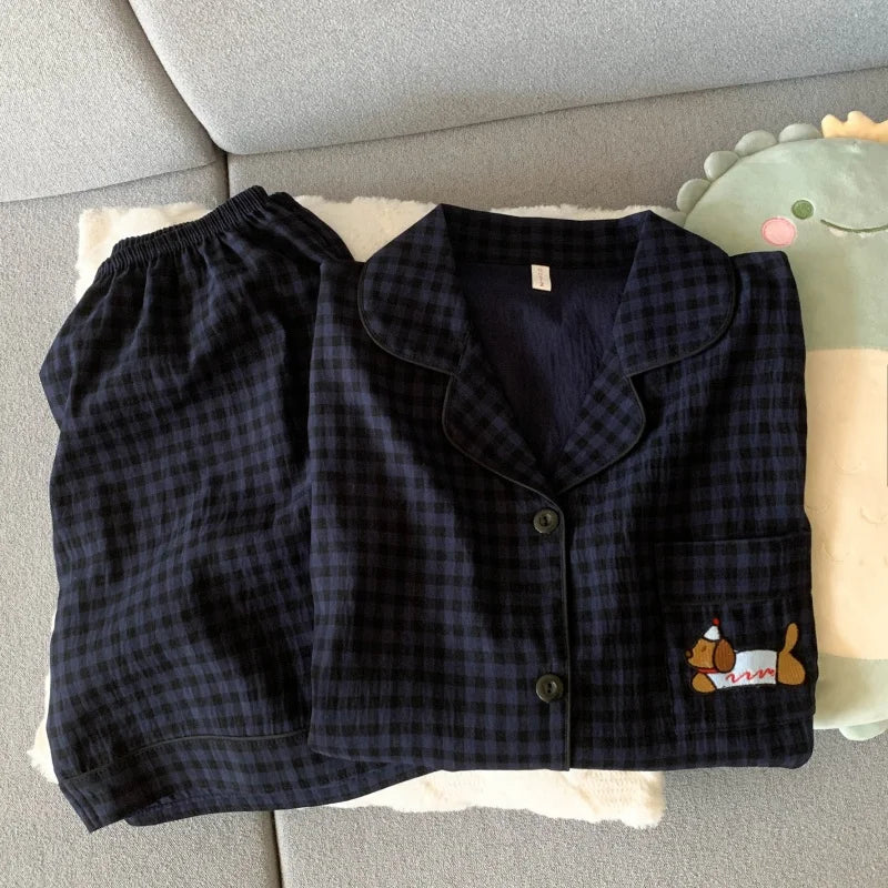Embroidery Dog Sweet Fashion Cute Pajamas Set for Women Plaid Lapel Neck Elastic Waist Design Pajamas Short New Casual Nightwear