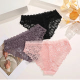 FINETOO 3Pcs Lace Hollow Out Underwear for Women Sexy Low-Waist Floral Briefs Female Invisible Breathable Lingerie Soft Intimate