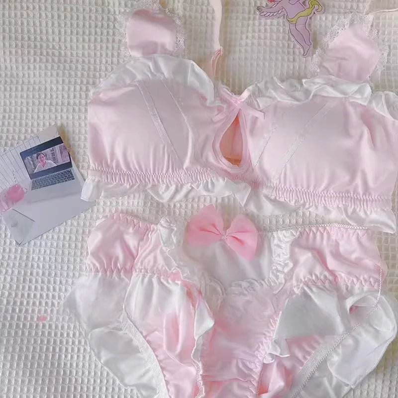 MOYISU Kawaii Lolita Bra Set, Bunny Ear Cutout No Wire Bralette Soft Sweetheart Lingerie Small Bust Pure Sexy Japanese Ya Ma Die