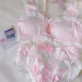 MOYISU Kawaii Lolita Bra Set, Bunny Ear Cutout No Wire Bralette Soft Sweetheart Lingerie Small Bust Pure Sexy Japanese Ya Ma Die