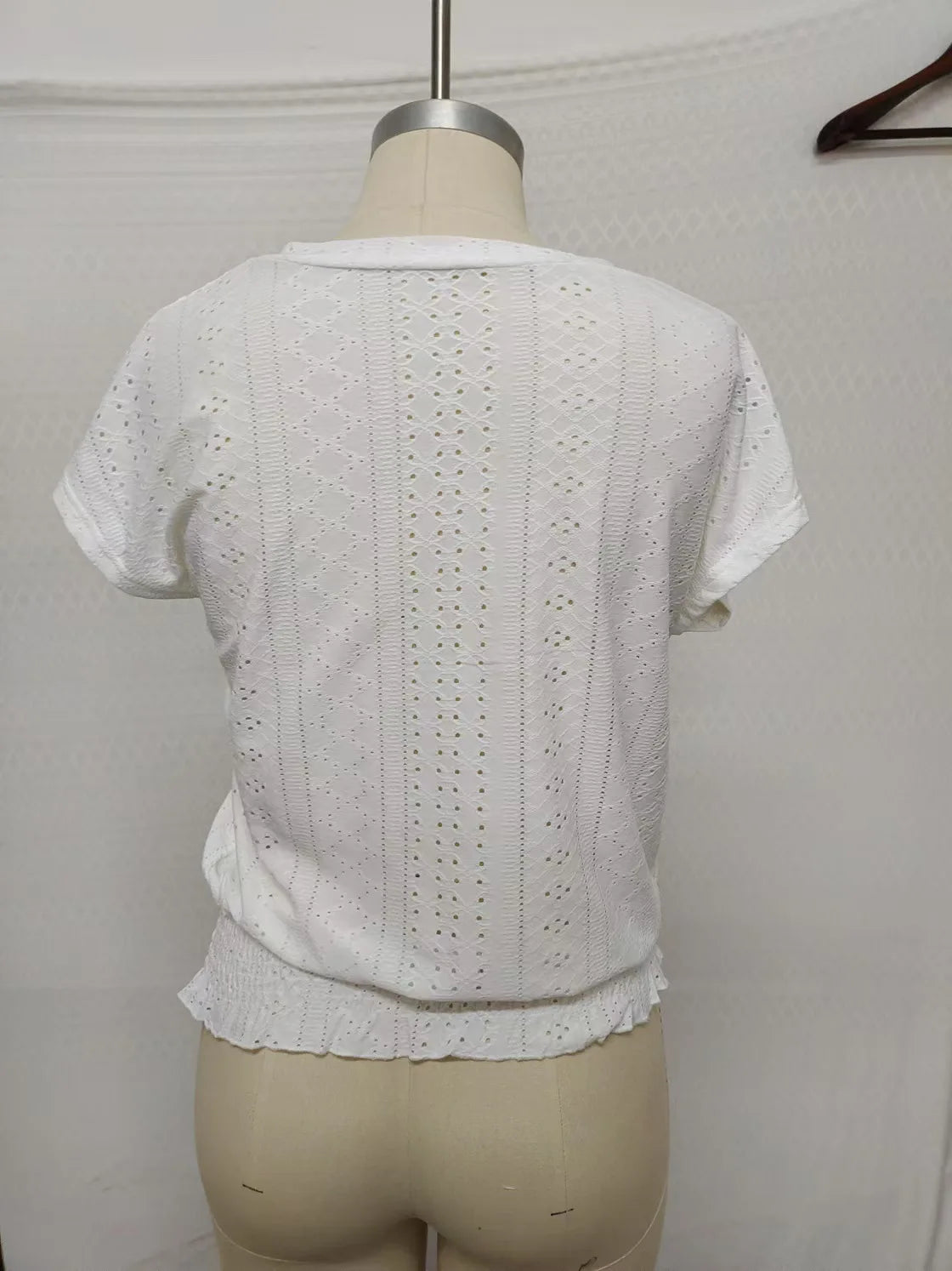 2025 Spring Summer New Fashion Blouses Solid V-Neck Jacquard Hollow-Out Smocking Short-Sleeve Shirts Fashion Casual Women's Tops