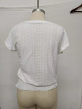 2025 Spring Summer New Fashion Blouses Solid V-Neck Jacquard Hollow-Out Smocking Short-Sleeve Shirts Fashion Casual Women's Tops