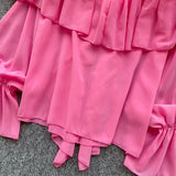 SINGREINY Chic Ruffles Splice Chiffon Blouse V Neck Flared Sleeve Loose Tops 2025 Fashion Solid Fairycore Vacation Women Shirt