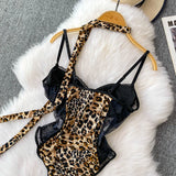 Women Hotsweet V-neck leopard slim  Vintage Straps Bodysuits Chic lace Jumpsuits Slim Top Clothing