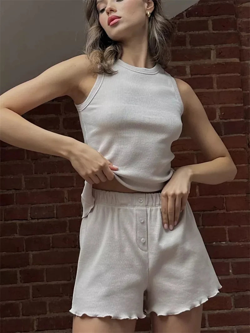 Women Ribbed Sleeveless Tank Top Ruffle Hem Elastic Waist Shorts Two Piece Pajama Set Casual Daily Indoor Home Loungewear Sleep