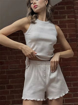 Women Ribbed Sleeveless Tank Top Ruffle Hem Elastic Waist Shorts Two Piece Pajama Set Casual Daily Indoor Home Loungewear Sleep