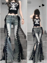 Retro Eyelets Lace Up Flare Jeans Stitch Lace Whiskers Slim Low Rise Split Bootcut Pants Women Bell Bottoms Streetwear