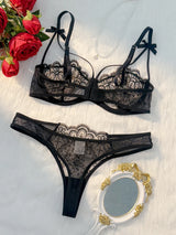 2-Piece Women's Black Comfortable Lightweight Bow Semi Transparent Lingerie Set ZA824057