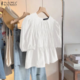 ZANZEA Women Summer Tops Short Sleeve Blouse 2025 Casual Solid Color Tunic Female Ruffled Round Neck Pleated Blusas Oversized