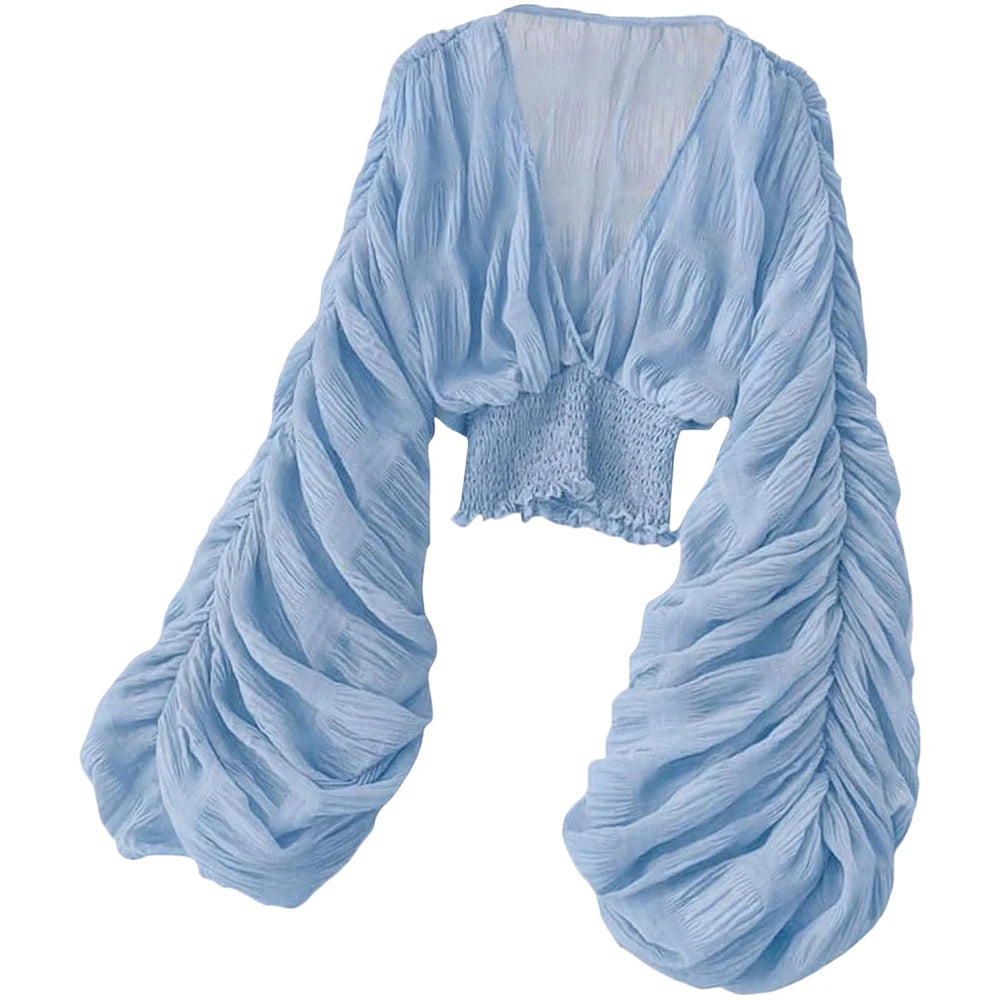 Summer Sexy Draped Chiffon Blouse For Women Elegant V-Neck Puff Long Sleeve Short Tops Female Slim Party Shirts 2022 New Fashion