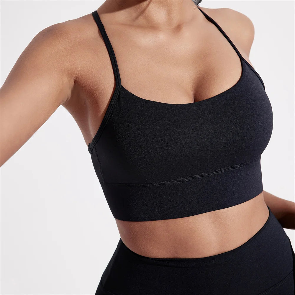 Solid Color Y Shape Line Women Fitness Sport Bra Top Soft Tight Comprehensive Training Jogging Gym Yoga Underwear With Chest Pad