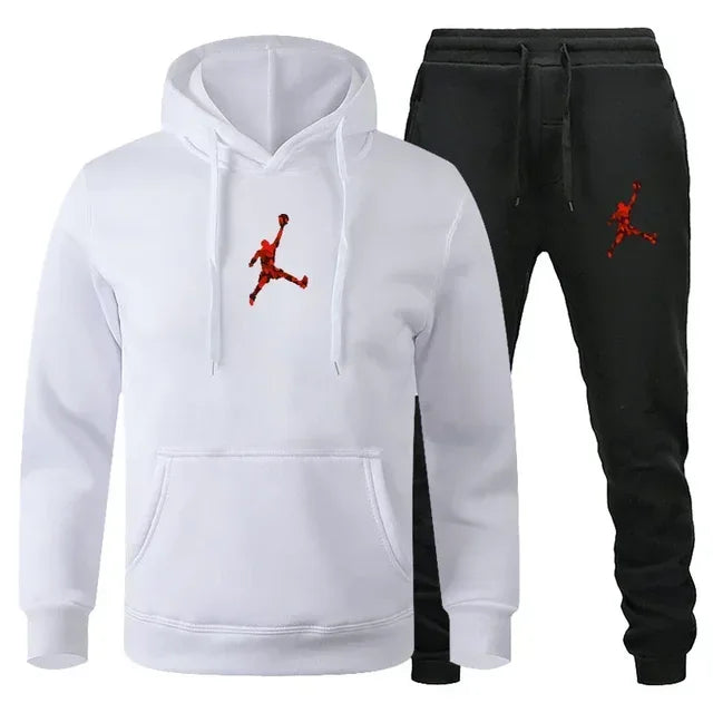 A 2-piece men's outdoor fitness sportswear set featuring a hooded long-sleeved sweatshirt, pullover and casual pants for autumn