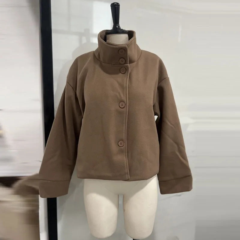 Fashion Short Woolen Coat For Women Stand Collar Full Sleeve Loose Zipper Jacket Female 2025 Spring Autumn Solid Lady Outwear