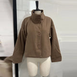 Fashion Short Woolen Coat For Women Stand Collar Full Sleeve Loose Zipper Jacket Female 2025 Spring Autumn Solid Lady Outwear