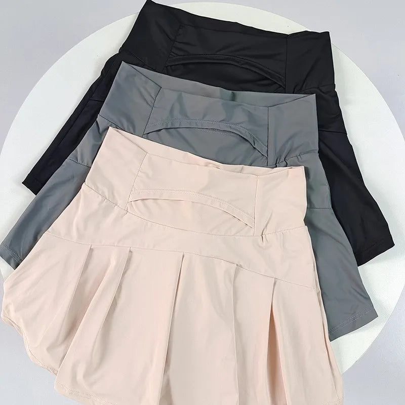 Women's High Waisted Cooling Ice Silk Skort - Quick-Dry, Anti-Exposure, Side Pockets, UV Protection for Yoga Running Fitness
