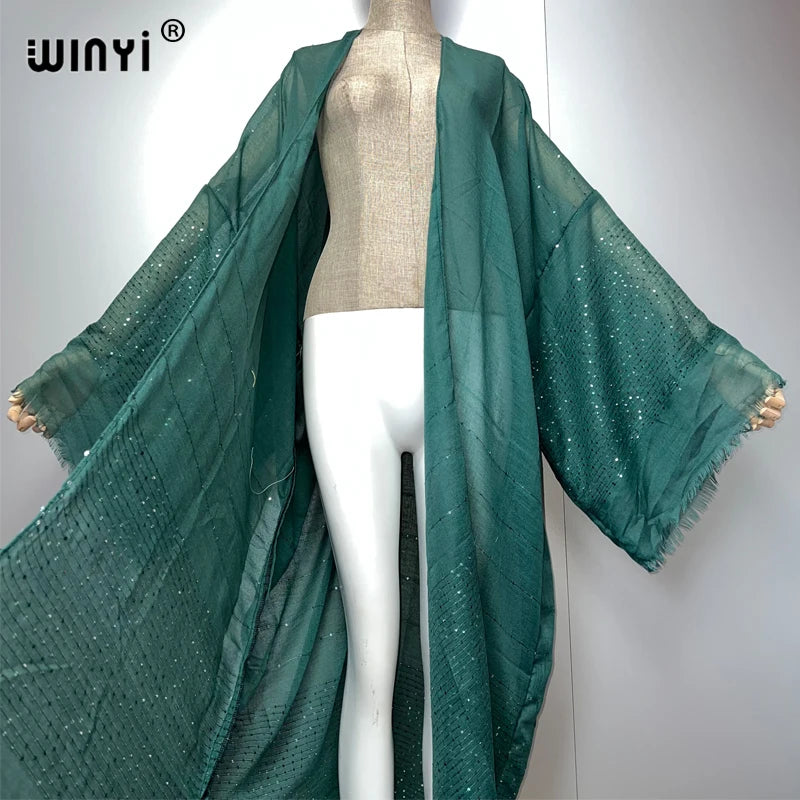 WINYI 2023 Women Bohemian Gold Thread Monochrome Elegant Casual Dress African Cardigans Outerwear For Women Summer Sexy Kimono