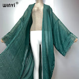 WINYI 2023 Women Bohemian Gold Thread Monochrome Elegant Casual Dress African Cardigans Outerwear For Women Summer Sexy Kimono