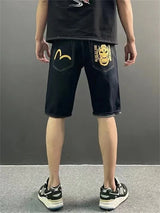 Men Embroidery Denim Shorts Black Hiphop Jeans Pants Cherry Blossom Dragon Totem Washed Zipper Cotton Summer cherry blossoms 024
