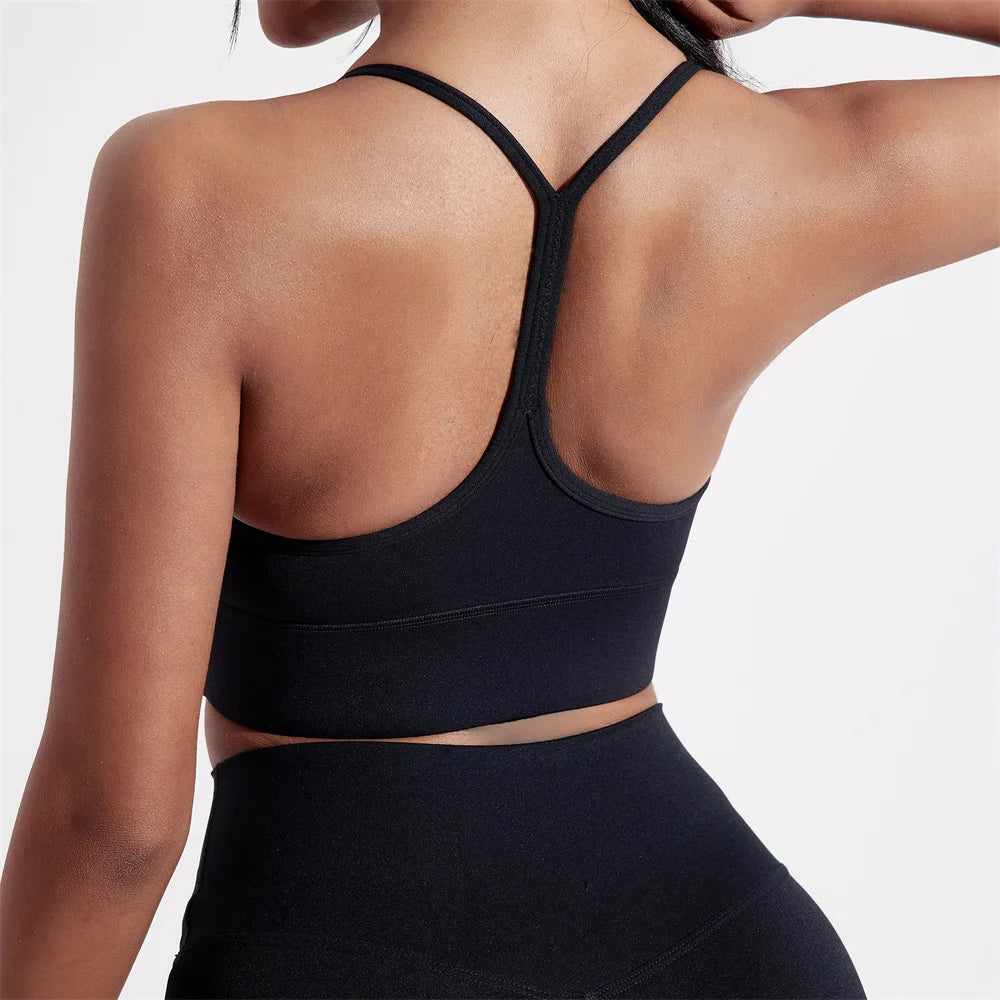 Solid Color Y Shape Line Women Fitness Sport Bra Top Soft Tight Comprehensive Training Jogging Gym Yoga Underwear With Chest Pad