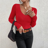 2026 Autumn Winter Women Solid Rib Knit V Neck Stripe Pull Sweater Femme Y2k Long Sleeve Pullover Jersey Tops Fashion Clothes