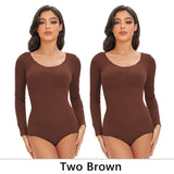 POKARLA Spandex Elastic Body Suit Shapewear Women Body Shaper Tummy Control Long Sleeve Open Crotch Round Neck Seamless Shapers