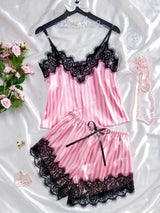 Summer Silk Satin Women's V-Neck Sexy Lace Suspender Pajama Shorts Set Stripes Heart Casual Women's Sleeveless Sexy Pajama Set