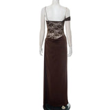 Mozision One Shoulder Lace See Through Sexy Maxi Dress Women Gown Fashion Off-shoulder Sleeveless Backless Club Long Dresses