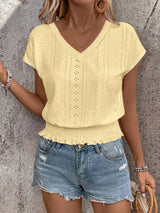 2025 Spring Summer New Fashion Blouses Solid V-Neck Jacquard Hollow-Out Smocking Short-Sleeve Shirts Fashion Casual Women's Tops