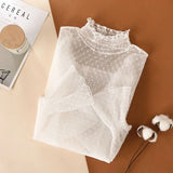 Women Elegant High Neck Polka Dot Blouse Mesh Lace Stitching Puff Long Sleeve Shirt Slim Fit Office Ladies Fashion Daily Tops