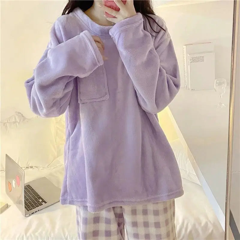 CHUANGERM Winter Fleece Thick Warm Soft Solid Casual Women's Pajamas Set Plaid Top And Pants Home Suit Pyjamas