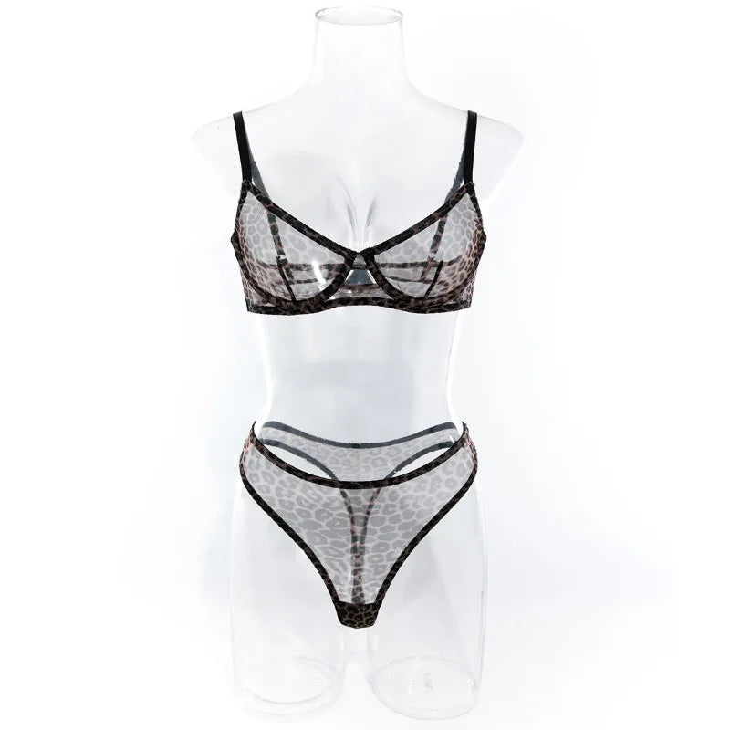 Toucheart 2-Piece Sexy Leopard Print Lingerie Set Bra Women Hollow Sexy Lingerie Thin Mesh Patchwork Print See-Through Sexy Set