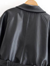 HH Women Fashion Black Short Faux Leather Trench Coat Long Sleeve Lapel Jacket With Belt Vintage Lady Motorcycle Jacket Outwear