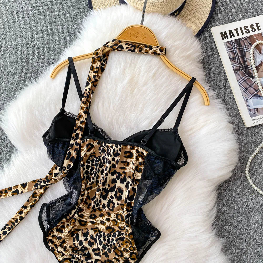Women Hotsweet V-neck leopard slim  Vintage Straps Bodysuits Chic lace Jumpsuits Slim Top Clothing