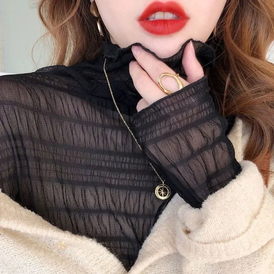 Women Elegant High Neck Polka Dot Blouse Mesh Lace Stitching Puff Long Sleeve Shirt Slim Fit Office Ladies Fashion Daily Tops