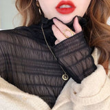 Women Elegant High Neck Polka Dot Blouse Mesh Lace Stitching Puff Long Sleeve Shirt Slim Fit Office Ladies Fashion Daily Tops
