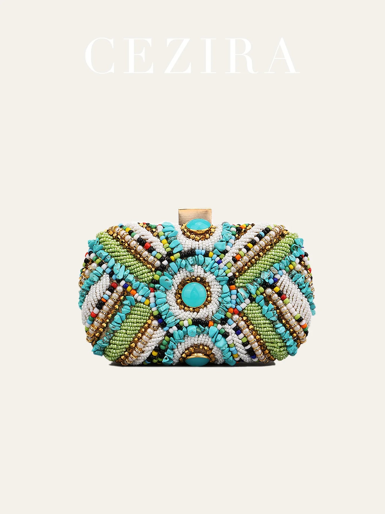 Women's Glamorous Luxury Colorful Beads Pearls Clutch Metal Frame Case Evening Bag Long Chain Purse Party Holiday Travel Tribal