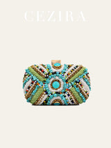 Women's Glamorous Luxury Colorful Beads Pearls Clutch Metal Frame Case Evening Bag Long Chain Purse Party Holiday Travel Tribal