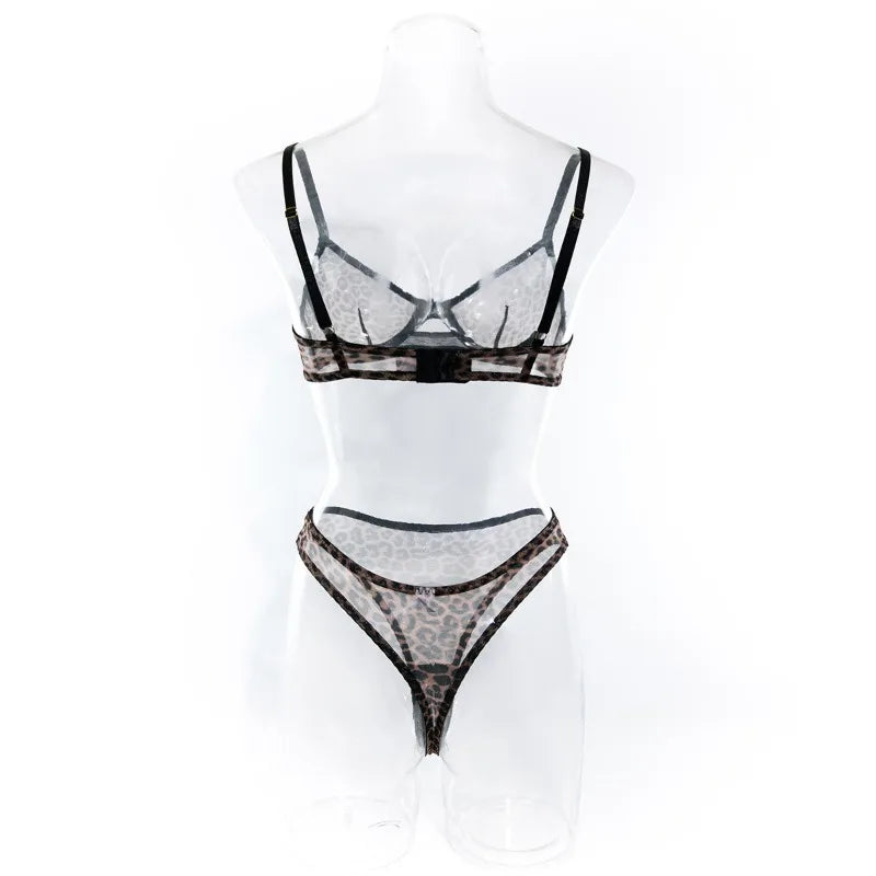 Toucheart 2-Piece Sexy Leopard Print Lingerie Set Bra Women Hollow Sexy Lingerie Thin Mesh Patchwork Print See-Through Sexy Set