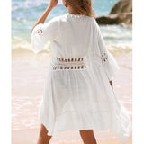 Lightweight Breathable Tassel Tie Up Cardigan, Beach Vacation Bikini Cover-Up Dress, Sexy Fitted Style, Plain Pattern
