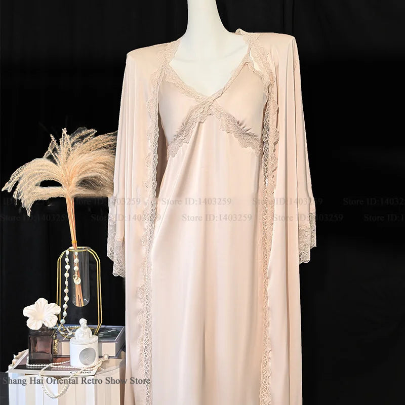 New Female Long Robe Nightgown Set Sexy Lace Trim Sleepwear Suspender Nightdress Spring Summer Casual Satin Home Dress Bathrobe