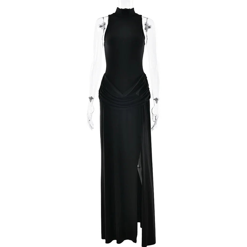 Blifanbo Turtleneck Off-shoulder Sleeveless Thigh Split High Waist Pleated Maxi Dress For Women Elegant Fashion Club Party Dress