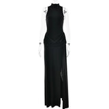 Blifanbo Turtleneck Off-shoulder Sleeveless Thigh Split High Waist Pleated Maxi Dress For Women Elegant Fashion Club Party Dress