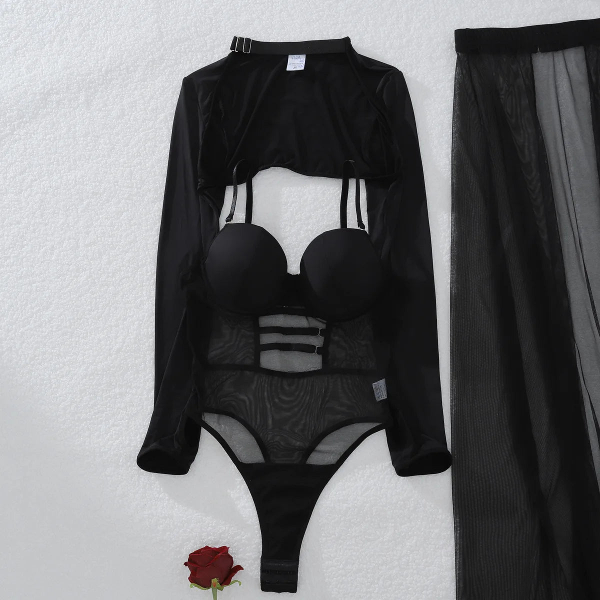2025 New Perspective Mesh Body Shaping Jumpsuit Women's Sexy Splicing Split Skirt Female See Through Underwear 3-Piece Brief Set