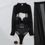 2025 New Perspective Mesh Body Shaping Jumpsuit Women's Sexy Splicing Split Skirt Female See Through Underwear 3-Piece Brief Set