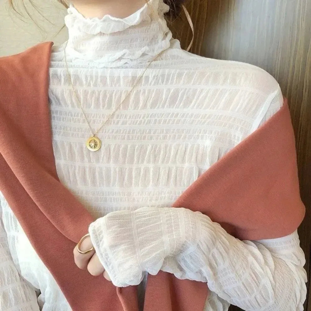 Women Elegant High Neck Polka Dot Blouse Mesh Lace Stitching Puff Long Sleeve Shirt Slim Fit Office Ladies Fashion Daily Tops