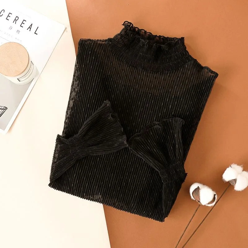 Women Elegant High Neck Polka Dot Blouse Mesh Lace Stitching Puff Long Sleeve Shirt Slim Fit Office Ladies Fashion Daily Tops