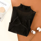 Women Elegant High Neck Polka Dot Blouse Mesh Lace Stitching Puff Long Sleeve Shirt Slim Fit Office Ladies Fashion Daily Tops