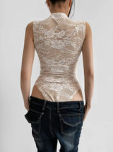 2025 Women's Summer Elegant Beige Black Sleeveless Lace Bodysuits Lady Luxury High Quality Street Bodycon Rompers Jumpsuits Tops
