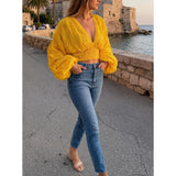 Summer Sexy Draped Chiffon Blouse For Women Elegant V-Neck Puff Long Sleeve Short Tops Female Slim Party Shirts 2022 New Fashion